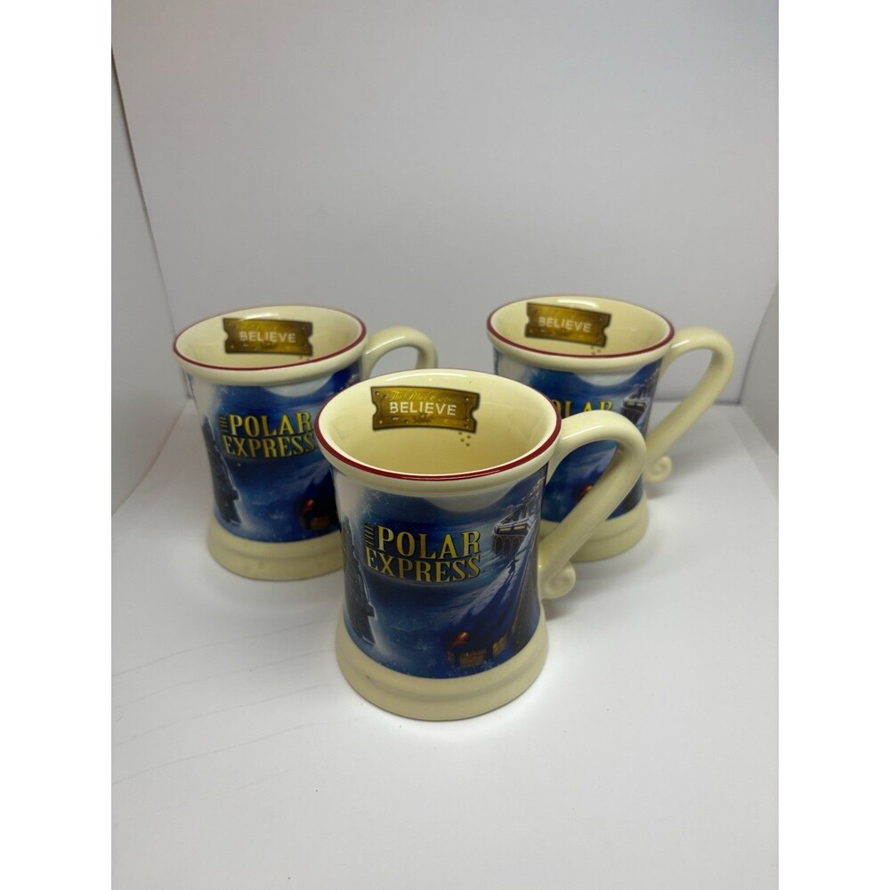 Polar Express Gold Ticket “BELIEVE” Warner Bros Set of 3 3D Mug 14oz Excellent